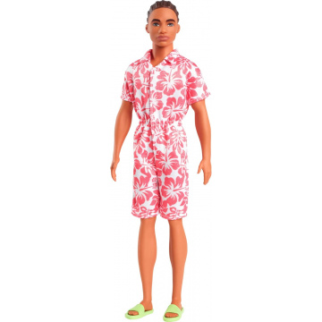 Barbie Fashionistas Ken Doll #235 with Braided Brown Hair, Wearing Coral Jumpsuit with Hawaiian Print and Green Sandals