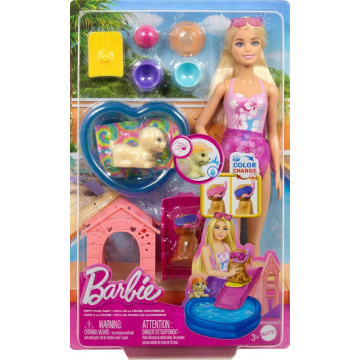 Barbie Puppies Swimming Party Playset, Muñeca de moda, Casa para perros y tobogán, Piscina con forma de corazón, 2 figuras de cachorros, 6 accesorios y cambio de color