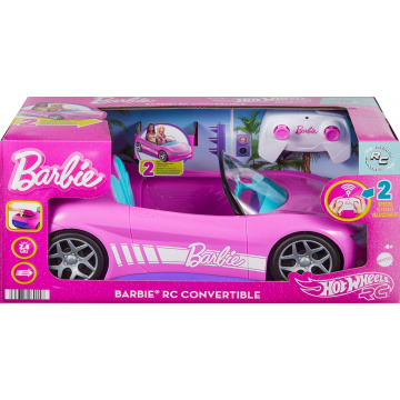 Hot Wheels Barbie Convertible Remote Control Car, pink remote-controlled toy car with capacity for two Barbie dolls, with opening trunk and sticker sheet to customize it