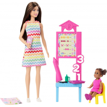 Barbie Teacher Doll with Brunette Fashion Doll with Printed Dress, 1 Toddler Doll, & Teaching Accessories