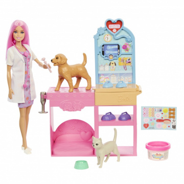 Barbie Quick Cast Vet Clinic Playset with Fashion Doll with Pink Hair, Clinic Furniture and Over 10 Accessories, Including Molds and Clay for Bandages