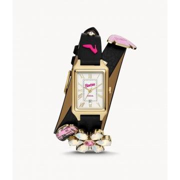 Barbie™ x Fossil Limited Edition Three-Hand Date Black LiteHide™ Leather Watch