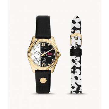 Barbie™ x Fossil Limited Edition Three-Hand Black Leather Watch and Interchangeable Strap Box Set