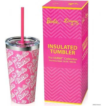 Dragon Glassware x Barbie Tumbler, Stainless Steel Vacuum Insulated Travel Tumbler, Comes with Lid, Pink & Clear Straws, 16 oz Capacity