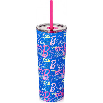 Dragon Glassware x Barbie Dream Big Tumbler, Stainless Steel Vacuum Insulated Travel Tumbler, Comes with Lid, Pink & Blue Straws, Keeps Drinks Hot Or Cold, Dishwasher Safe, Fits in Cup Holders, 24 oz