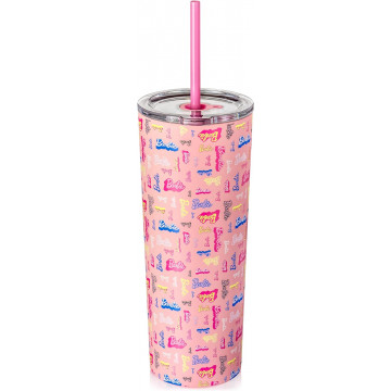 Dragon Glassware x Barbie Shine Bright Tumbler, Stainless Steel Vacuum Insulated Travel Tumbler, Comes with Lid, Pink & Clear Straws, Keeps Hot Or Cold, Dishwasher Safe, Fits in Cup Holders, 24 oz