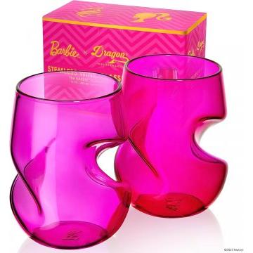 Dragon Glassware x Barbie Stemless Wine Glasses, Pink and Magenta Glass with Finger Indentations, Naturally Aerates Wine, Unique Gift for Wine Lovers, 16 oz Capacity, Set of 2
