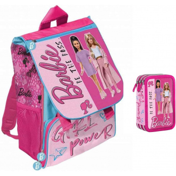Backpack compatible with Barbie Extendable Be The Boss + 3-level pencil case + gift 7 erasable pens + sequin keychain + LED luminous pen