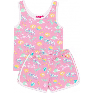 Barbie Girls 2 Piece Co-Ord | Kids Pink Vest and Shorts Set | Palm trees Sunglasses Summer clothing
