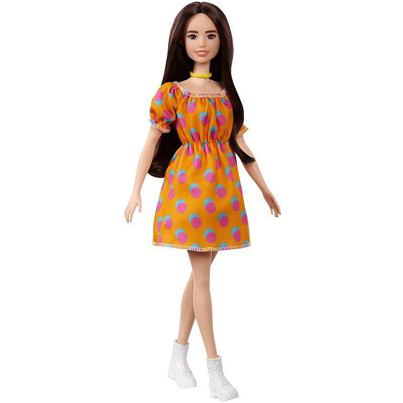 Barbie® Fashionistas™ Doll #160 with Long Brunette Hair Wearing Patterned Orange Dress, White Shoes & Yellow Choker
