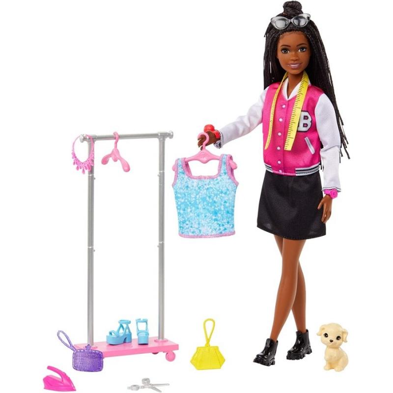 Barbie “Brooklyn” Stylist Doll & 14 Accessories Playset, Wardrobe theme With Puppy & Clothing Rack