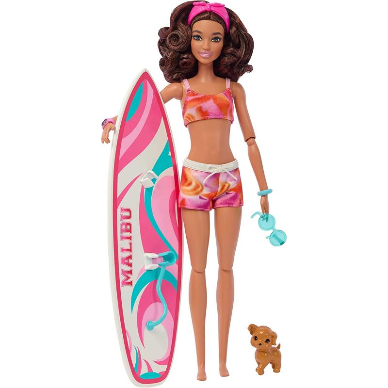 Barbie Doll With Surfboard And Puppy, Poseable Brunette Barbie Beach Doll