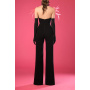 Black crêpe jumpsuit with feathers