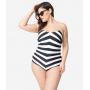 Barbie™ x Unique Vintage Plus Size Black & White Chevron Stripe One Piece Bathing Suit