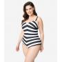 Barbie™ x Unique Vintage Plus Size Black & White Chevron Stripe One Piece Bathing Suit