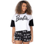 Barbie Women's Pajamas | Ladies White Boxy Fit Crop Logo Babydoll T-shirt with Black Stretch Shorts