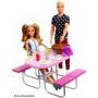 Barbie Outdoor Furniture, Pink Picnic Table with Adjustable Seats and Hot Dog Picnic for 4