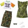 Barbie Fashions 2-Pack Clothing Set, 2 Outfits Doll Include Camo Pencil Skirt, Color-Blocked T-Shirt with Graphic, Lime Green Animal-Print Dress & 2 Accessories