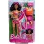 Barbie Doll With Surfboard And Puppy, Poseable Brunette Barbie Beach Doll