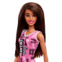 Barbie Fashion Doll With Straight Brown Hair Wearing Removable Pink Dress With Logo Print & Shoes