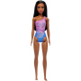 Beach Barbie Doll With Dark Brown Hair Wearing Tropical Purple Swimsuit