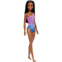 Beach Barbie Doll With Dark Brown Hair Wearing Tropical Purple Swimsuit