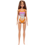 Beach Barbie Doll With Light Brown Hair Wearing Tropical Pink And Orange Swimsuit