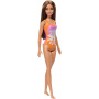 Beach Barbie Doll With Light Brown Hair Wearing Tropical Pink And Orange Swimsuit