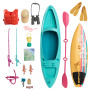 Barbie World Kayak and Surf Playset with 17 Camping Accessories, Including Kayak, Boat, Surfboard and More, Multicolor, 12.17 inches