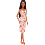 Barbie Fashionistas Doll #233 with Black Hair, Wearing Checkered Orange and Pink Flower Midi Dress with Necklace and Sandals