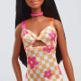 Barbie Fashionistas Doll #233 with Black Hair, Wearing Checkered Orange and Pink Flower Midi Dress with Necklace and Sandals