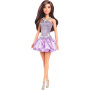 Barbie Fashionistas Doll #234 with Brown Hair, Wearing Sequined Purple Bubble Dress with Satiny Skirt, Silvery Necklace and Heels