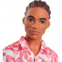 Barbie Fashionistas Ken Doll #235 with Braided Brown Hair, Wearing Coral Jumpsuit with Hawaiian Print and Green Sandals