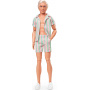 Barbie The Movie Ken Doll Wearing Pastel Pink and Green Striped Beach Matching Set with Surfboard and White Sneakers