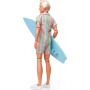 Barbie The Movie Ken Doll Wearing Pastel Pink and Green Striped Beach Matching Set with Surfboard and White Sneakers