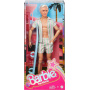 Barbie The Movie Ken Doll Wearing Pastel Pink and Green Striped Beach Matching Set with Surfboard and White Sneakers